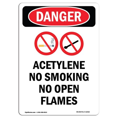 Signmission OSHA Danger Sign, Acetylene No Smoking, 14in X 10in Rigid Plastic, 10" W, 14" L, Portrait OS-DS-P-1014-V-1016